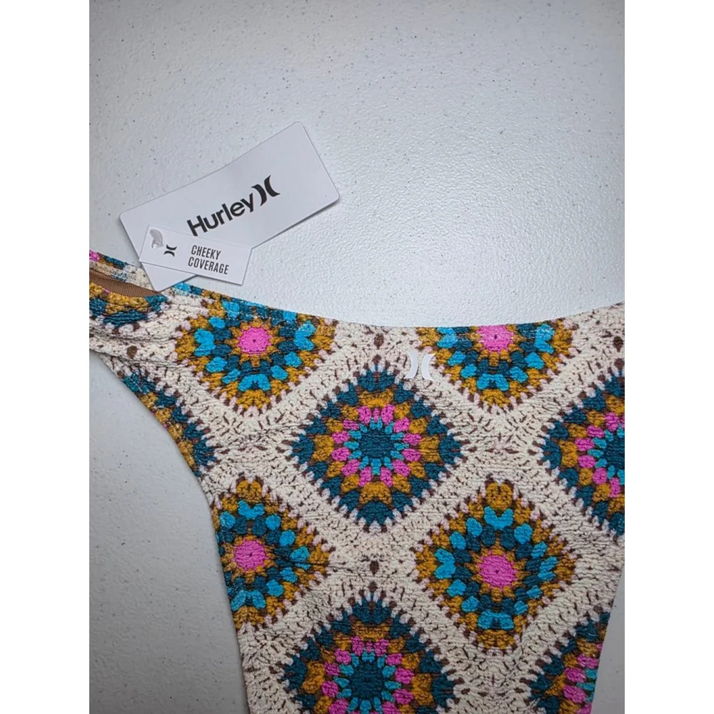 Hurley Crochet Diamond Print Cheeky Bikini Bottom Size M NWT Boho Beach Y2K